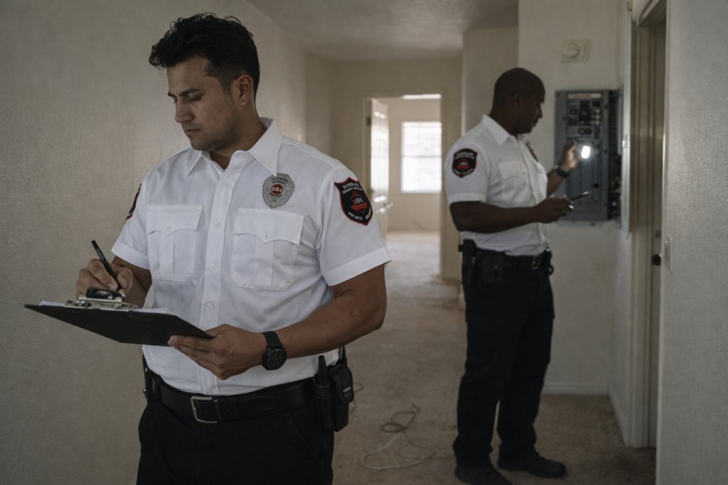 Fire watch security guard on patrol inside a commercial building in Southern California