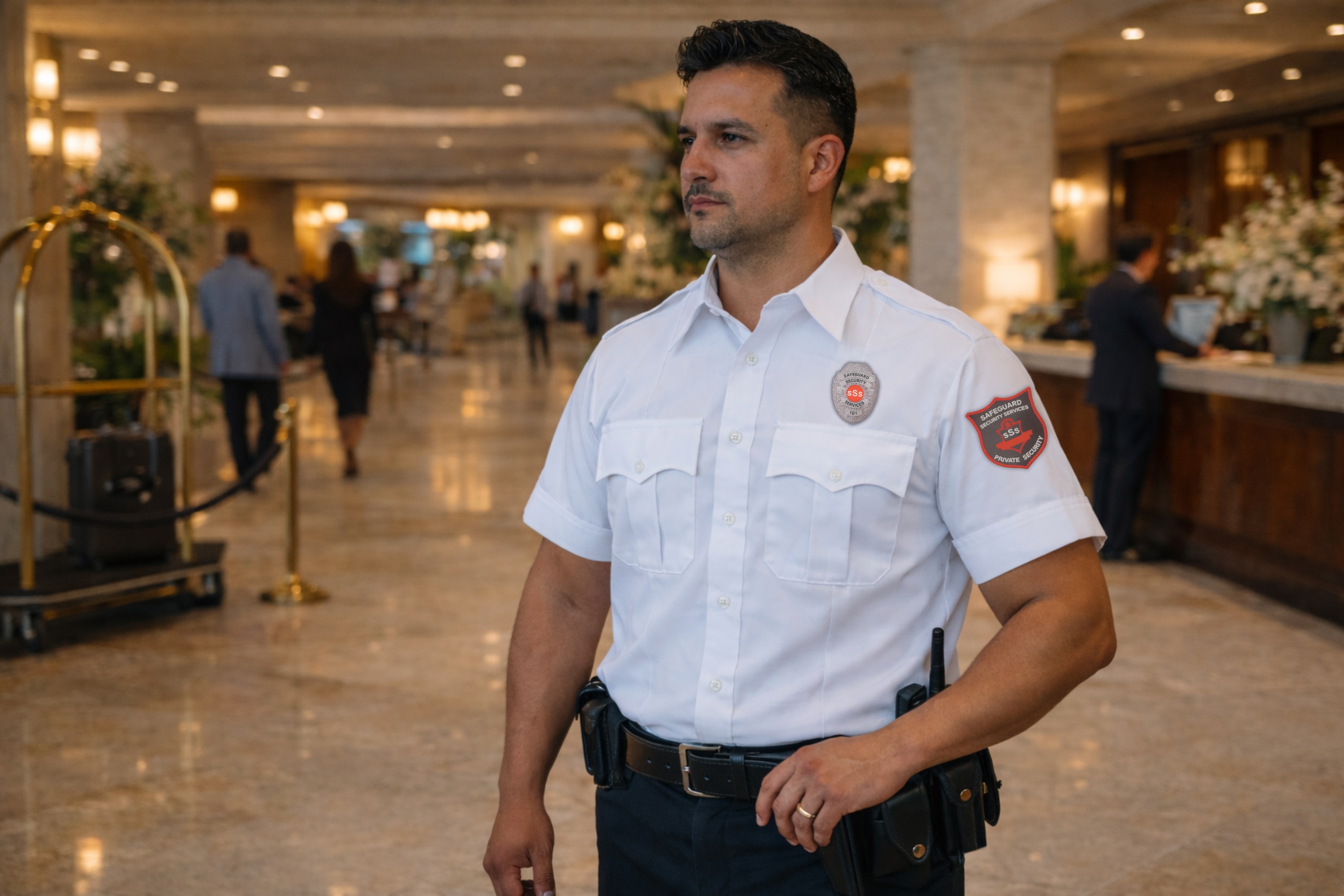Two hospitality security guards on duty outside an upscale hotel in SoCal
