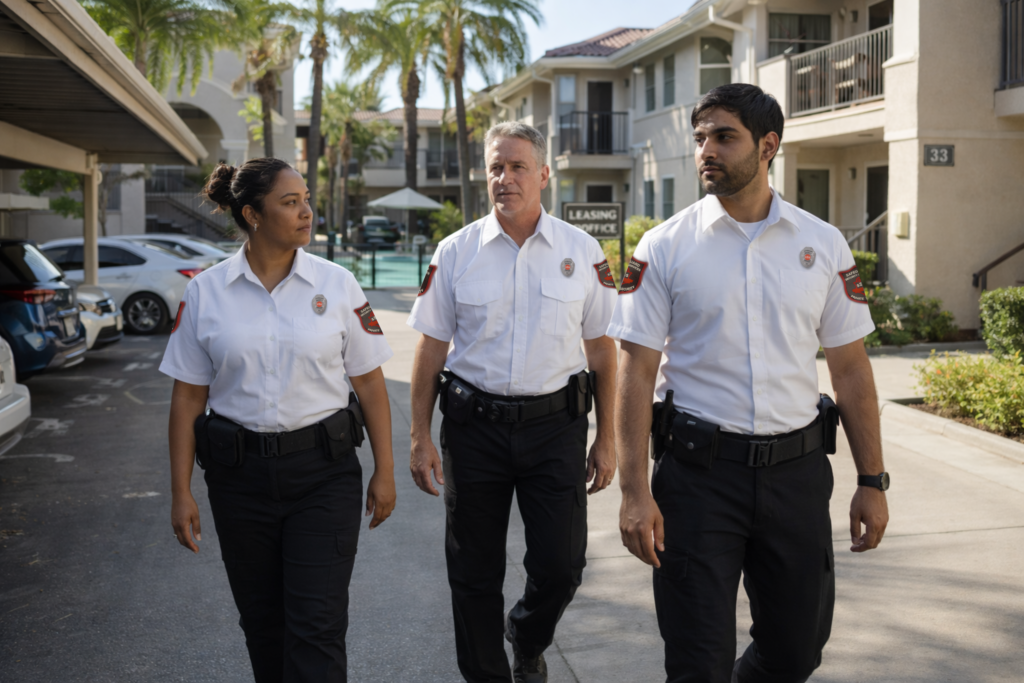 Professional apartment security guards patrolling a Southern California apartment community