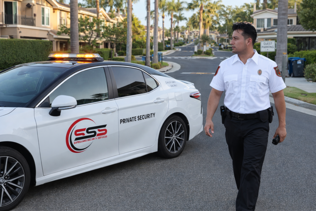 Neighborhood patrol security guard providing mobile patrol services in a Southern California community