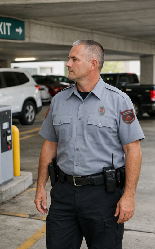 Parking lot security guard monitoring a commercial parking structure in Southern California