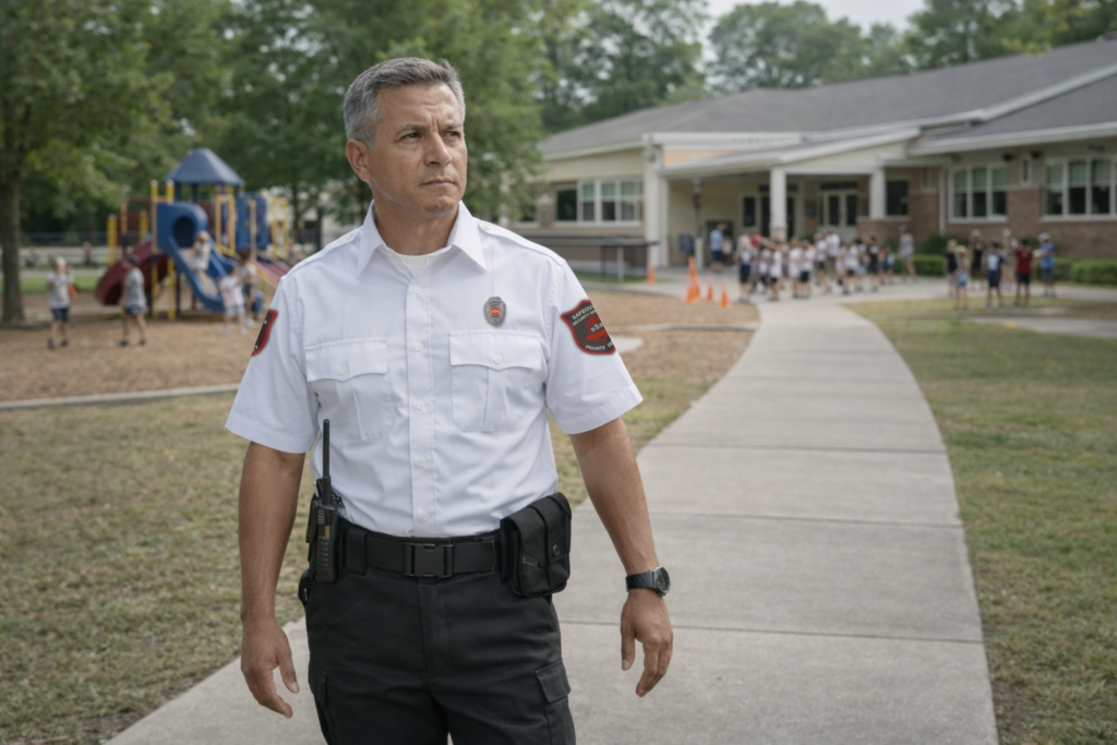 Elementary school security guard patrolling a Southern California campus during a normal school day