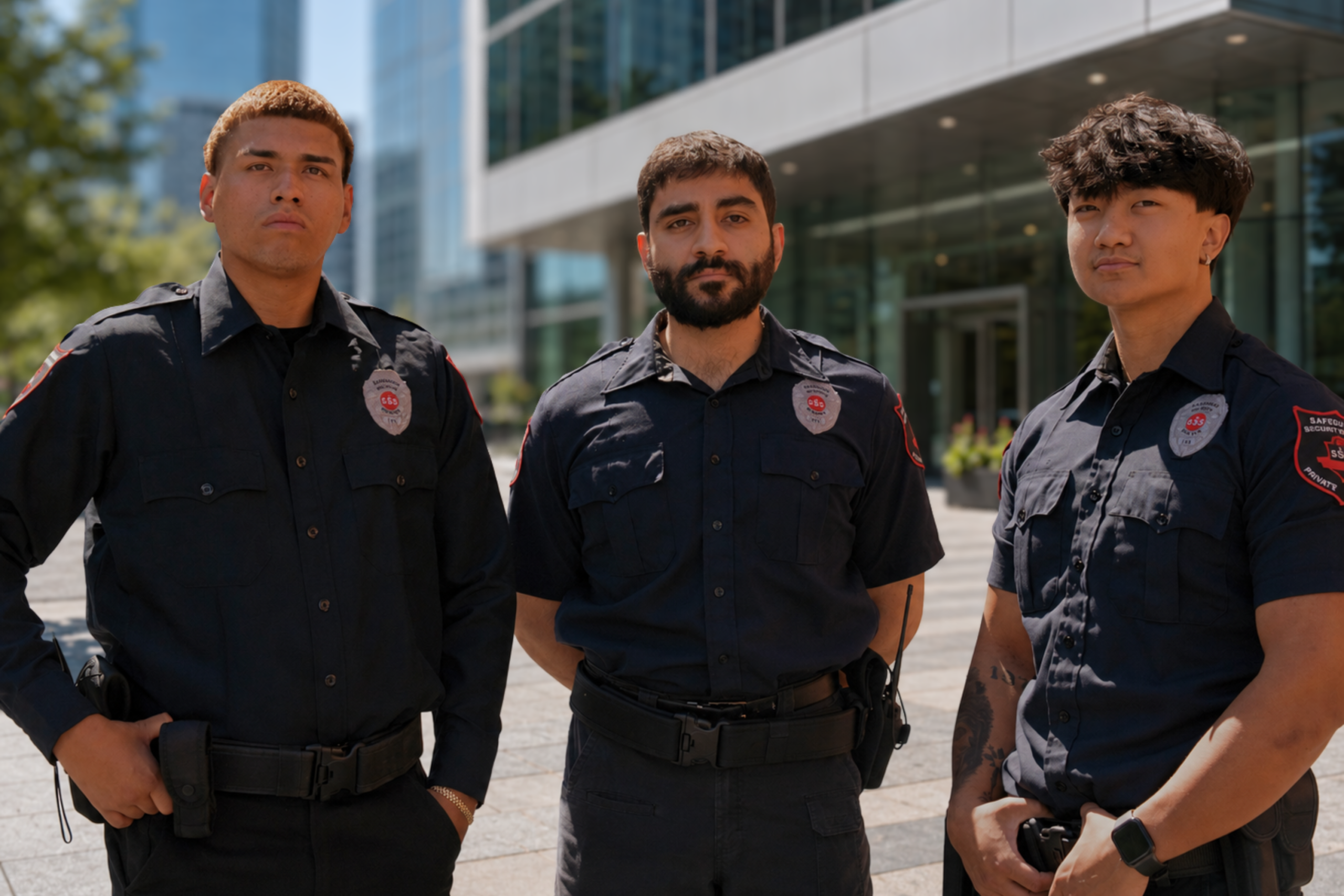 Trained unarmed security guard services officers at an office building in Southern California