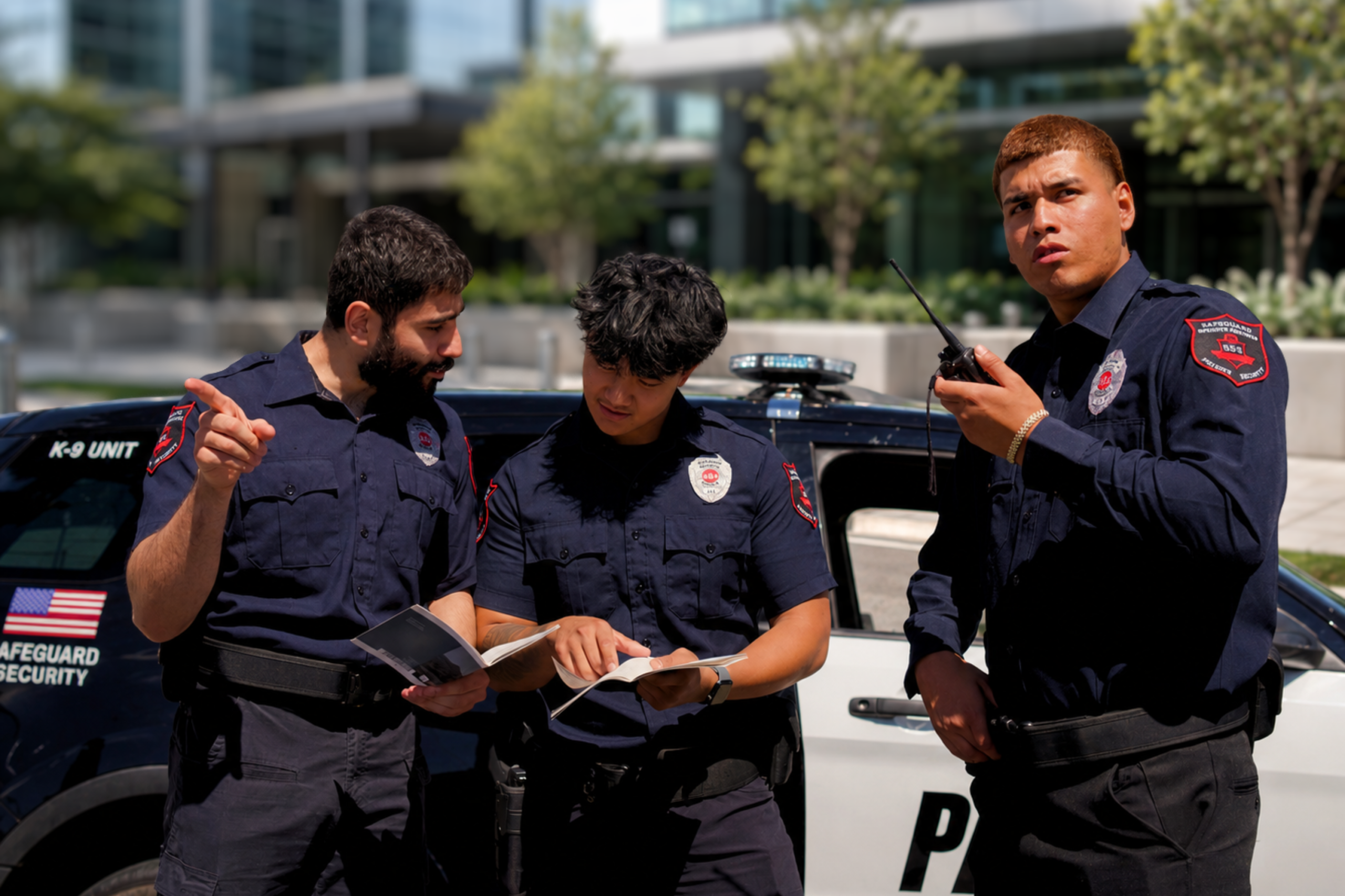 Armed security guard services team briefing before deployment to a California site